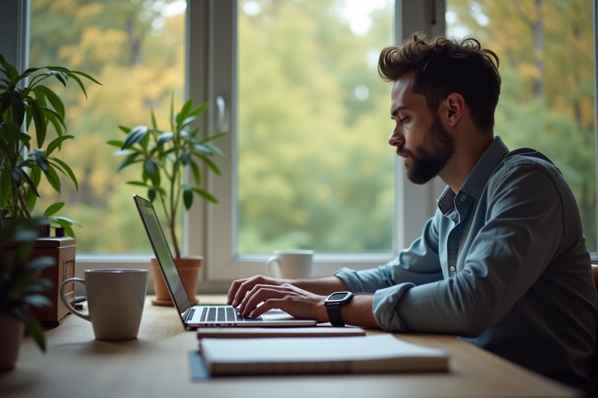 Jeune freelancer travaillant sur son ordinateur dans un espace cosy
