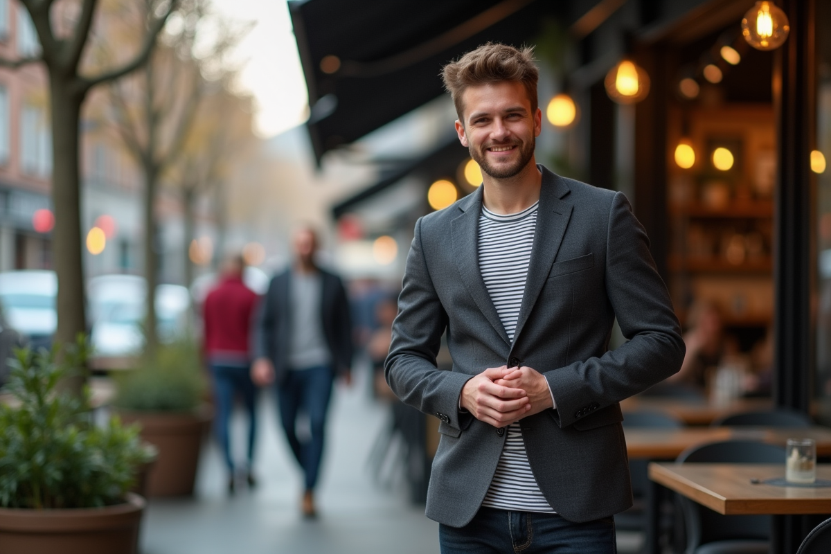 Jeune homme décontracté dans un café urbain