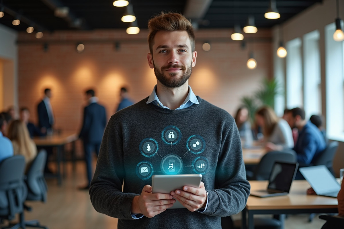 Jeune homme avec tablette dans espace de coworking