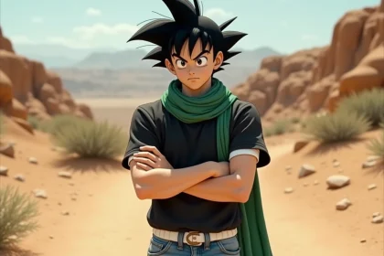 Jeune homme avec foulard vert dans paysage désertique