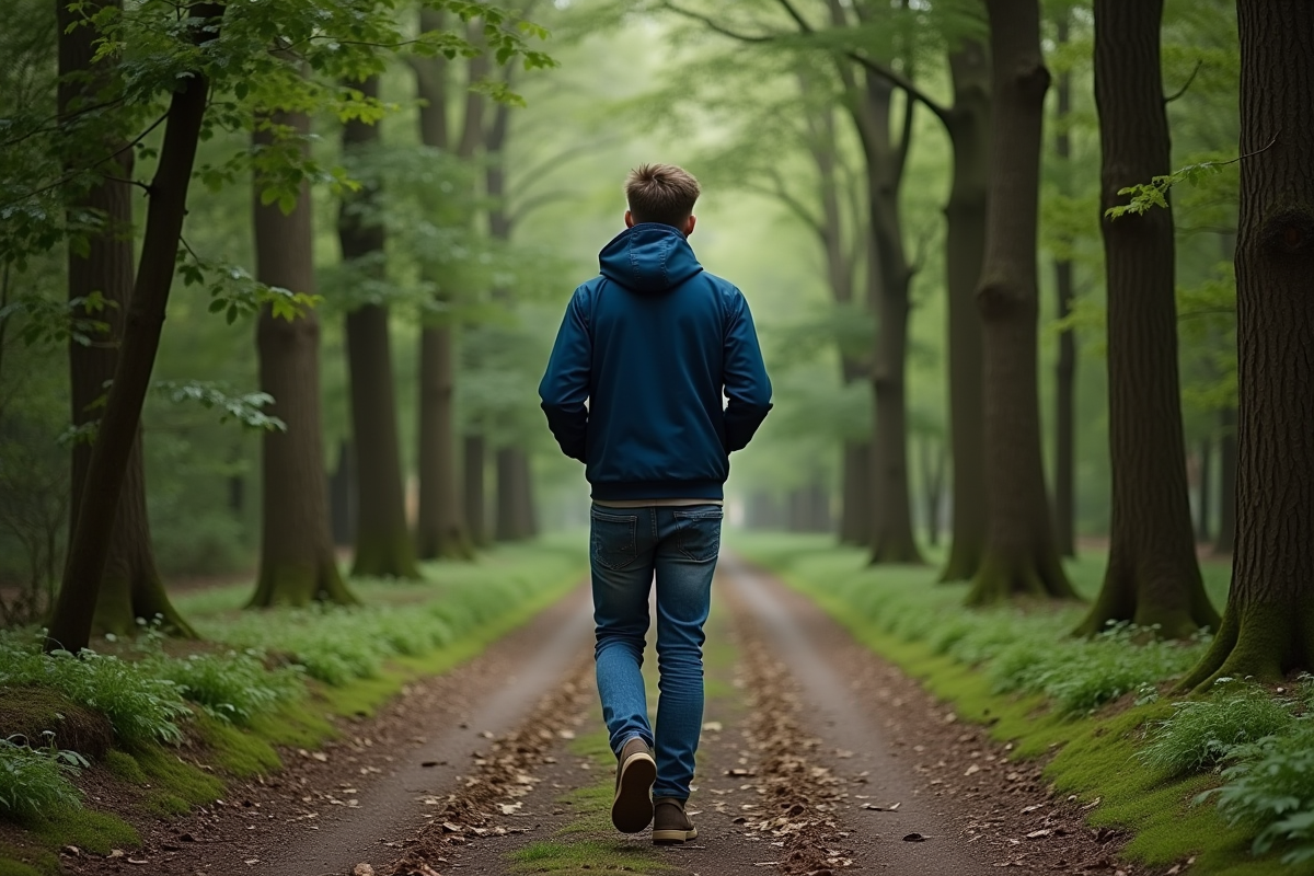 Jeune homme marche dans la forêt paisible