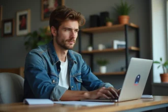 Jeune homme en denim regarde un ordinateur avec hesitation