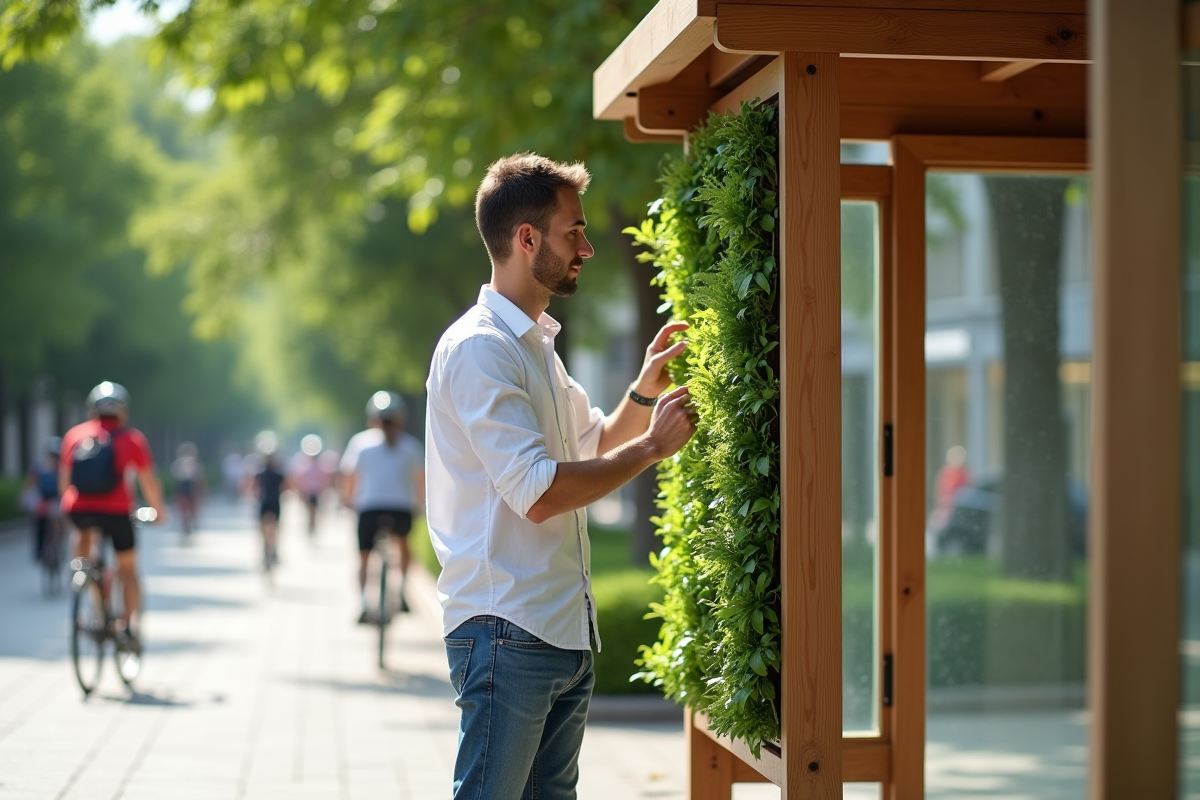 Jeune homme installant un module de jardin vertical