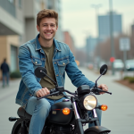 Jeune homme en denim sur moto en ville dynamique