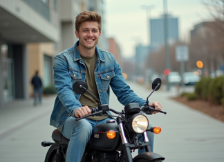 Jeune homme en denim sur moto en ville dynamique