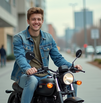 Jeune homme en denim sur moto en ville dynamique