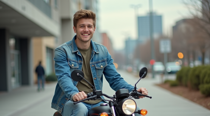 Jeune homme en denim sur moto en ville dynamique