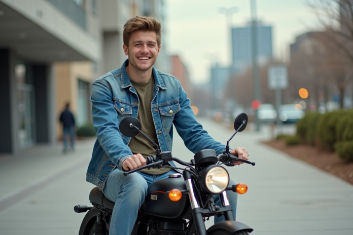 Jeune homme en denim sur moto en ville dynamique