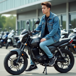 Jeune homme en denim sur moto dans un décor urbain dynamique