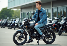 Jeune homme en denim sur moto dans un décor urbain dynamique