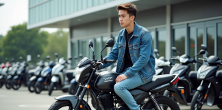 Jeune homme en denim sur moto dans un décor urbain dynamique