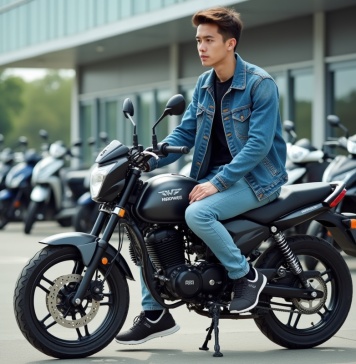 Jeune homme en denim sur moto dans un décor urbain dynamique