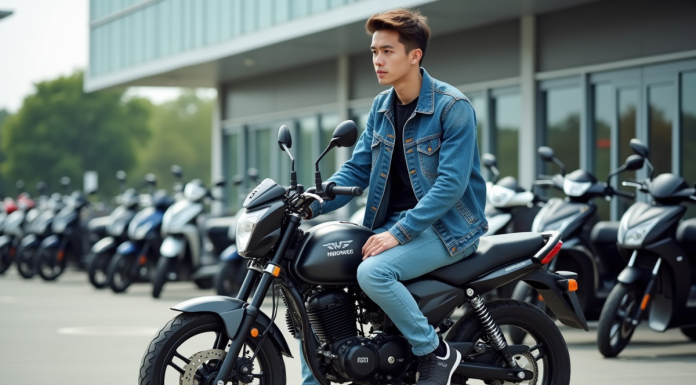 Jeune homme en denim sur moto dans un décor urbain dynamique