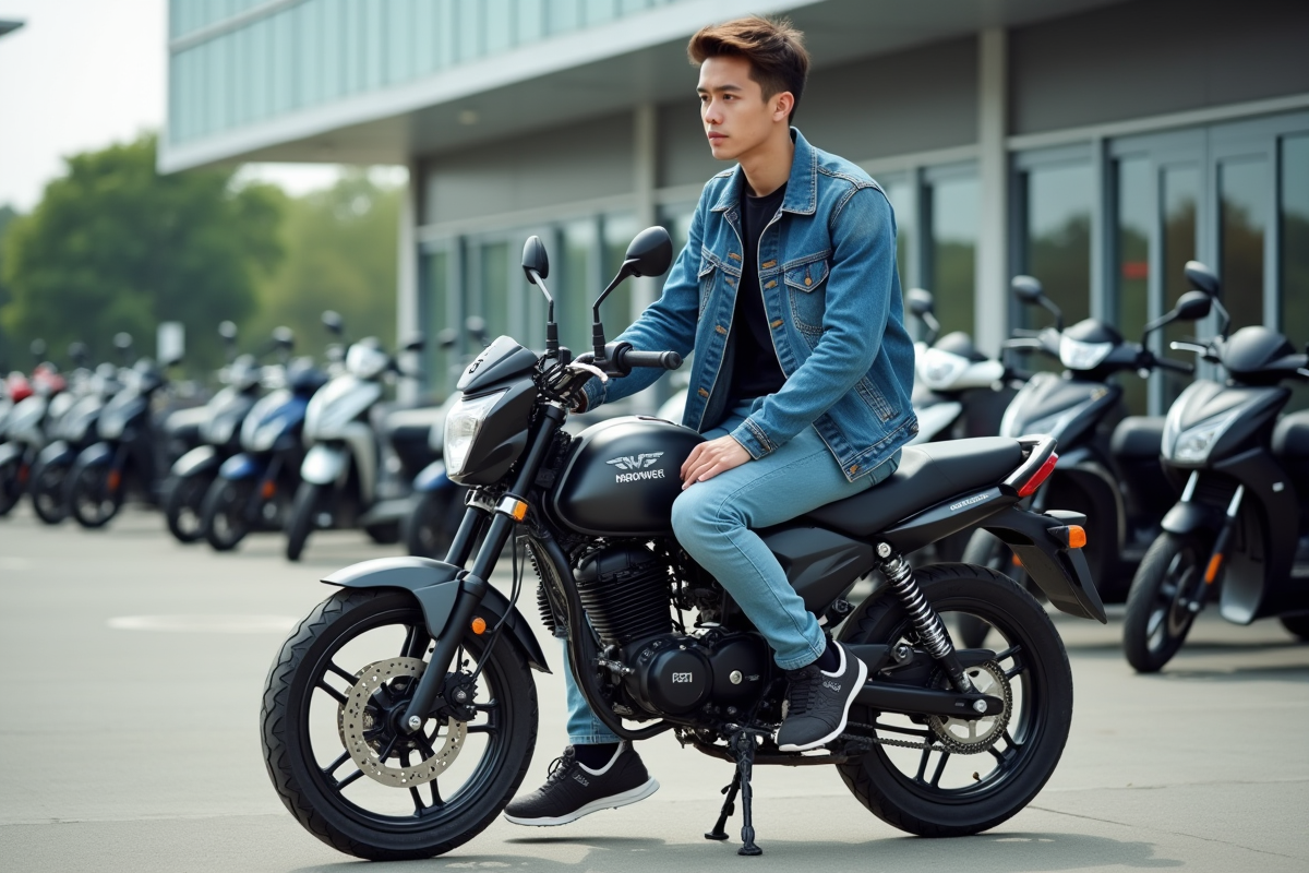 Jeune homme en denim sur moto dans un décor urbain dynamique