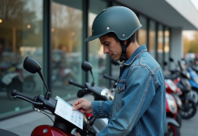 Les facteurs déterminants du prix d’une moto 50 cm³ neuve Jeune homme examine une moto 50cc dans un concessionnaire