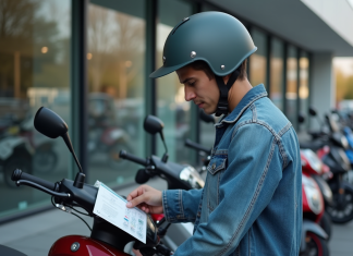 Jeune homme examine une moto 50cc dans un concessionnaire