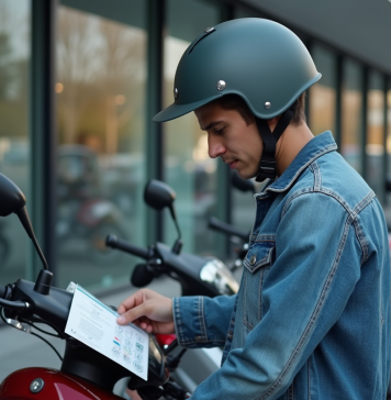 Jeune homme examine une moto 50cc dans un concessionnaire