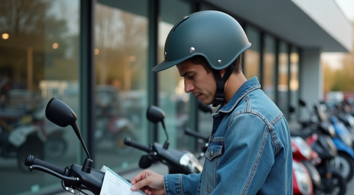 Jeune homme examine une moto 50cc dans un concessionnaire