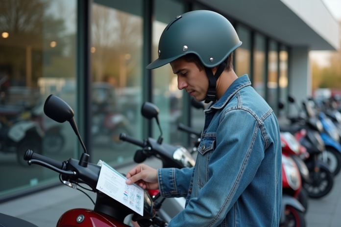 jeune-homme-motos-50cc Jeune homme examine une moto 50cc dans un concessionnaire