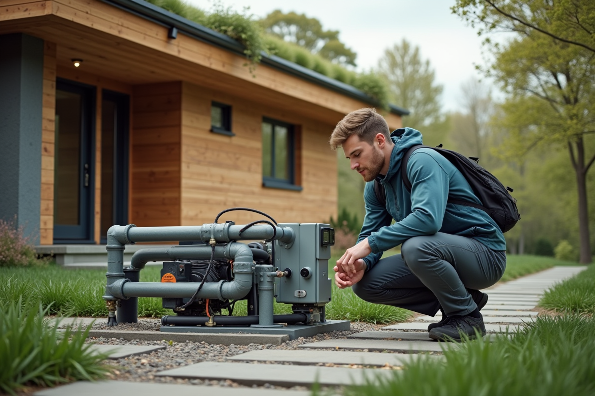 Jeune homme en vêtements de sport examinant une pompe géothermique devant une maison écologique