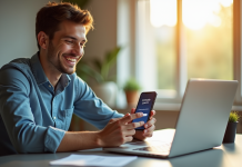 Jeune homme souriant utilisant un smartphone avec l'écran Canal Plus