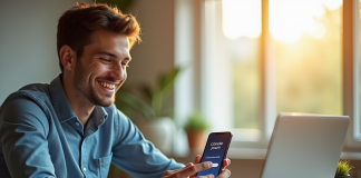Jeune homme souriant utilisant un smartphone avec l'écran Canal Plus
