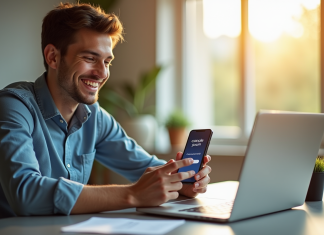 Jeune homme souriant utilisant un smartphone avec l'écran Canal Plus