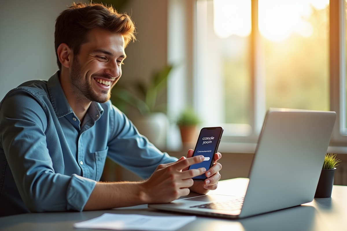 Jeune homme souriant utilisant un smartphone avec l'écran Canal Plus