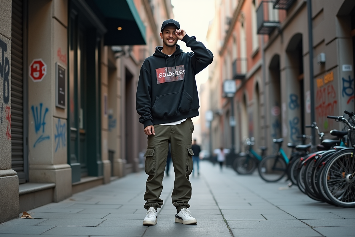 Jeune homme en streetwear dans une ville dynamique