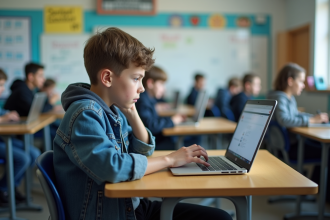 Jeune lyceen concentré sur son ordinateur portable dans une classe moderne