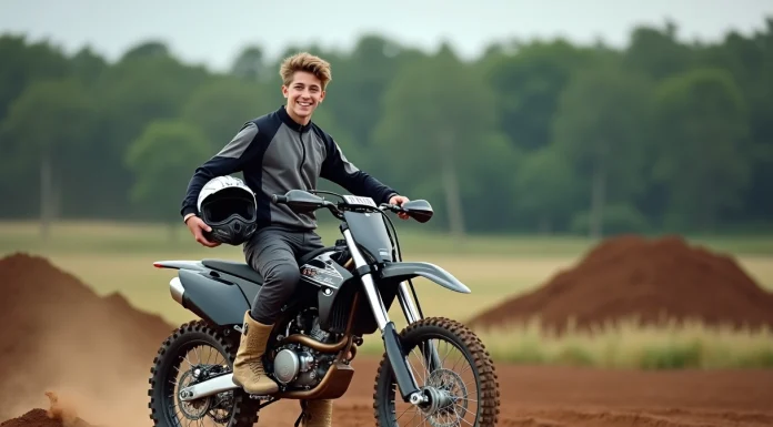 Jeune motard en motocross avec bike propre et équipement moderne