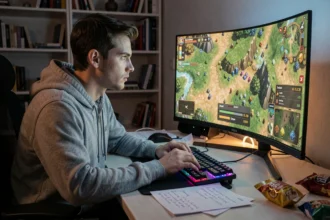 Joueur de Dofus 3 assis à son bureau en train de farmer des ressources via le portail du jeu sur un grand écran incurvé