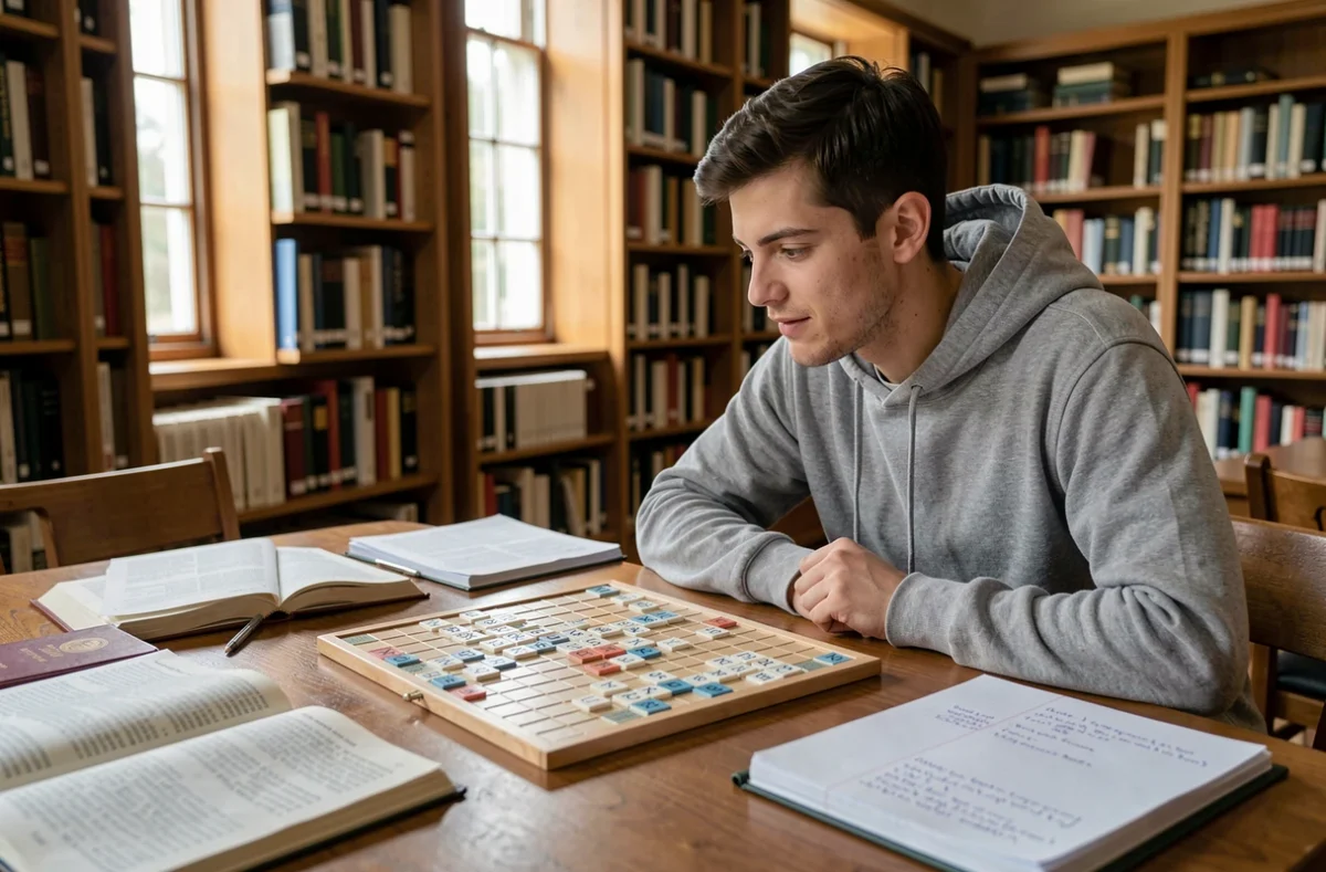 Jeune homme consultant des dictionnaires pendant une partie de Scrabble en bibliothèque