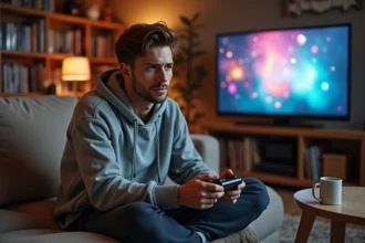Joueur adulte concentré sur une session de jeu vidéo en coopération sur canapé pendant un week-end gaming