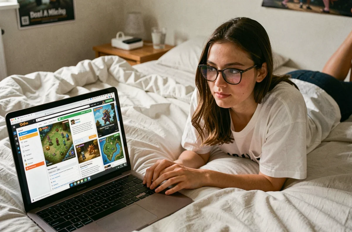 Joueuse adulte allongée sur son lit consultant un guide de farming Enutrosor sur le portail Dofus 3 via un ordinateur portable