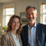 Bruno Jeudy et son épouse : présentation du journaliste et de son entourage Journaliste homme et sa femme dans un salon lumineux