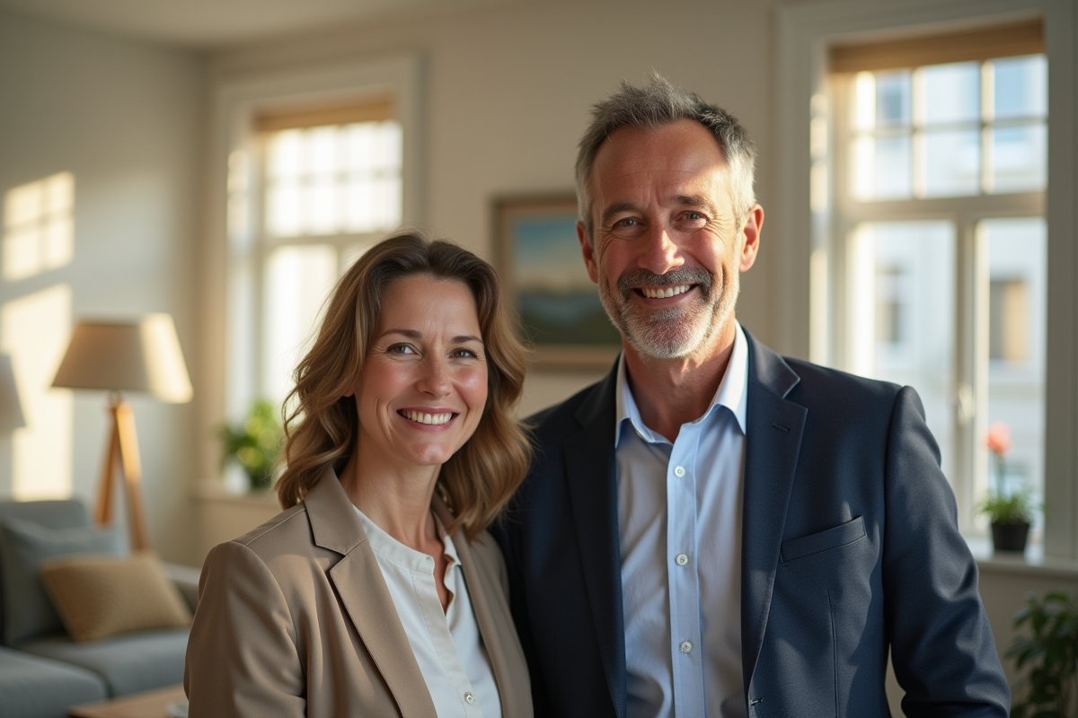 Journaliste homme et sa femme dans un salon lumineux