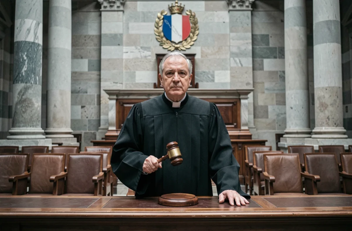 Juge en robe noire tenant un marteau dans une salle d'audience française symbolisant la décision de justice entre déboutement et relaxe
