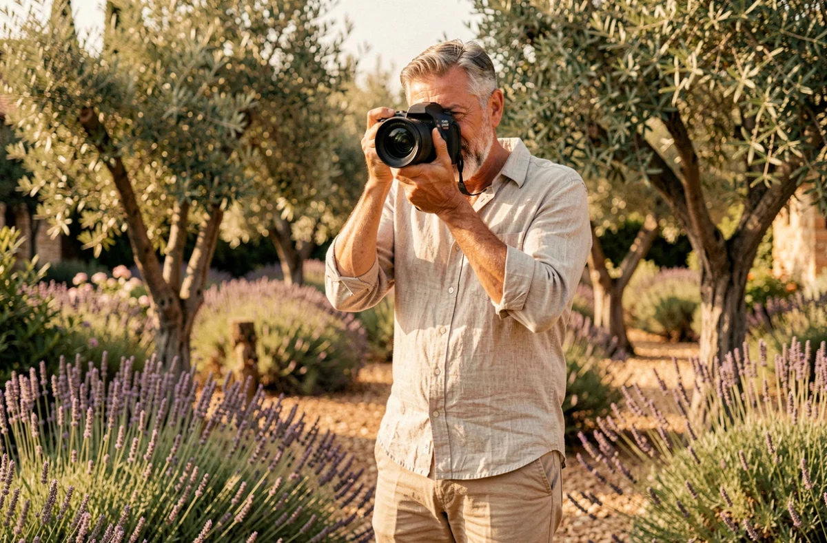 Laurent Rebelle photographe dans un jardin méditerranéen ensoleillé de Montpellier avec son appareil photo