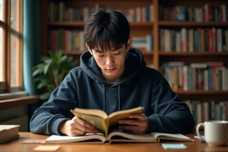 Jeune homme lisant un manga One Piece à son bureau à domicile, entouré de volumes de manga