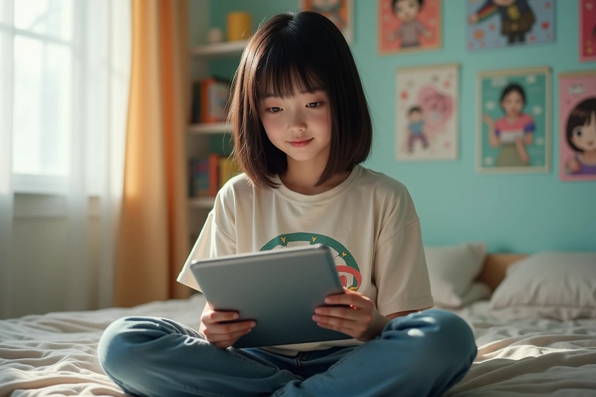 Adolescente lisant des chapitres de One Piece en ligne sur une tablette dans sa chambre