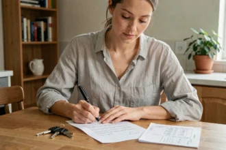 Femme rédigeant une lettre de résiliation de bail à la table de sa cuisine avec des clés et un contrat de location