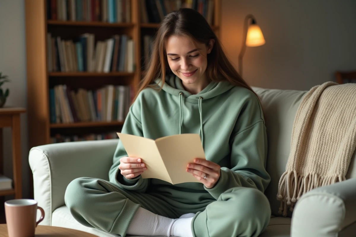 Jeune femme lisant une lettre d'amitié manuscrite sur un canapé douillet, souriant avec émotion dans un intérieur chaleureux