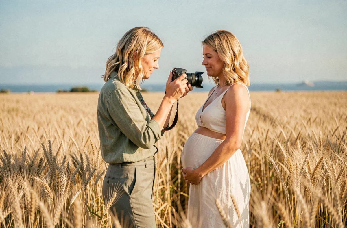 Ludivine photographiant une femme enceinte dans un champ de blé doré aux portes de Montpellier