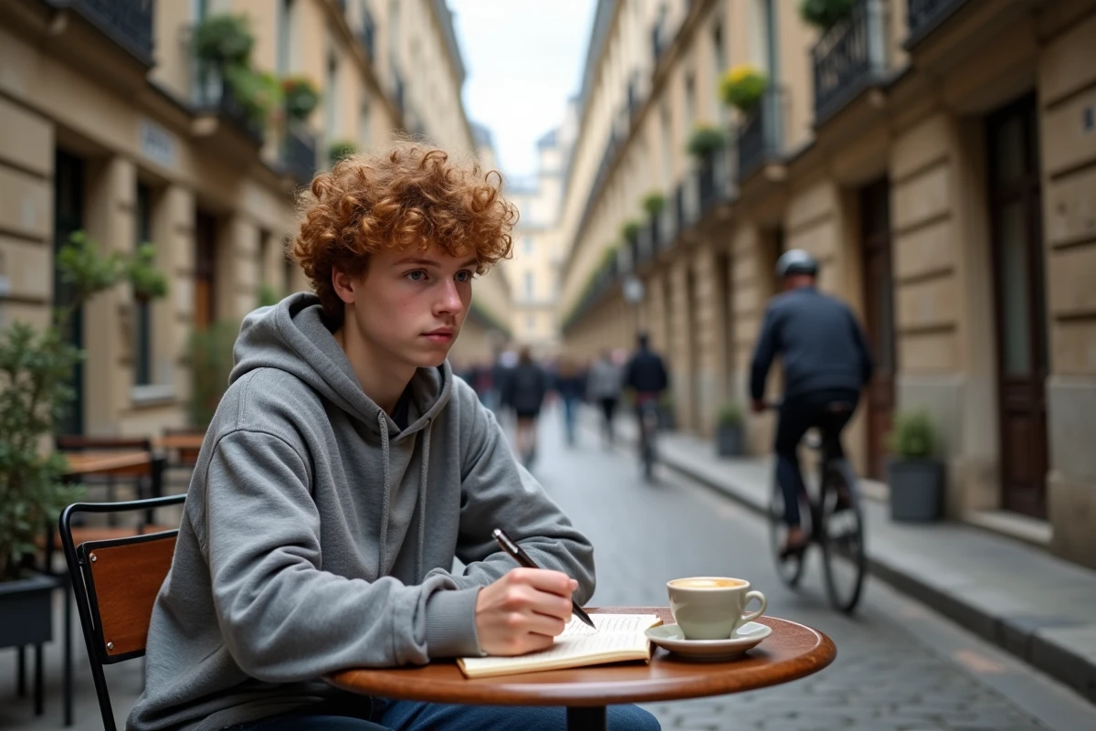 Lycéen prenant des notes sur des citations rares de Rimbaud à la terrasse d'un café parisien pour se démarquer au Bac de français