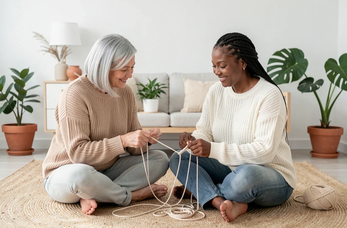 Deux femmes adultes pratiquant le macramé ensemble dans un intérieur scandinave, activité manuelle créative et bien-être tendance 2026