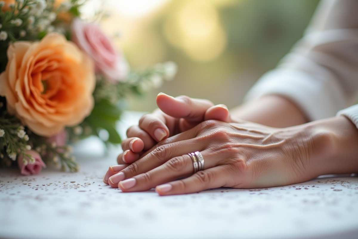 Mains âgées avec alliances et fleurs sur une table blanche
