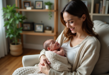 Maman souriante tenant son bébé dans un cadre chaleureux