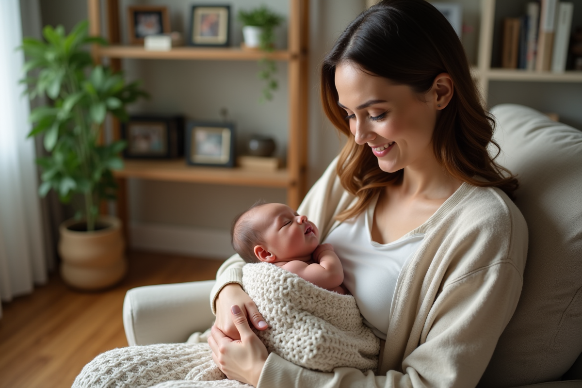 Maman souriante tenant son bébé dans un cadre chaleureux