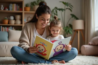 Maman souriante avec sa fille lisant un livre Teletubbies